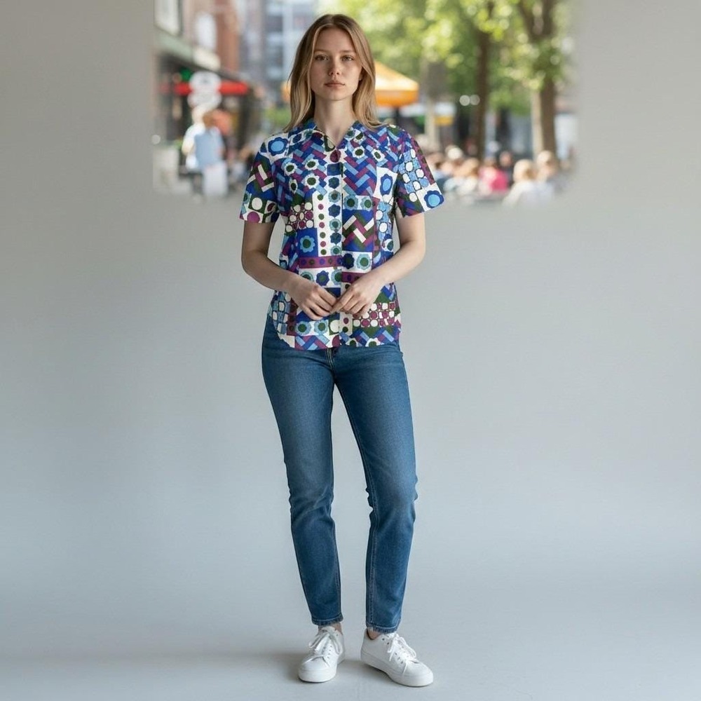 Vintage 1970s Mod Long Sleeve Dagger Collar Button Shirt Women Psychedelic Disco